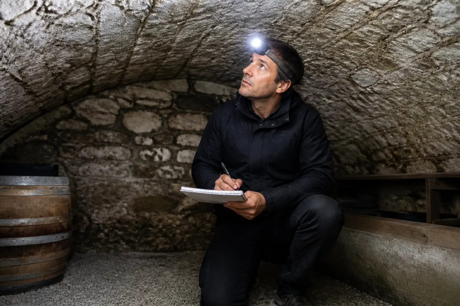 Expert en bâtiment inspectant une cave voûtée avec une lampe