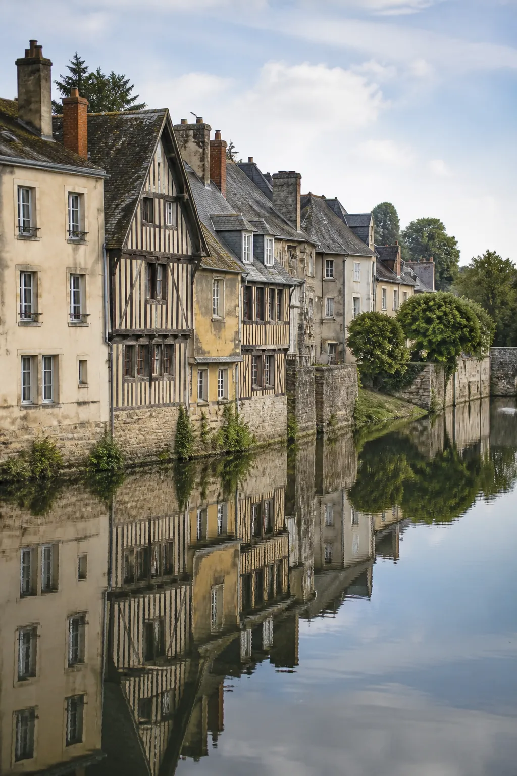 Maisons anciennes au bord d’une rivière, illustration d’un achat à Pont-Audemer