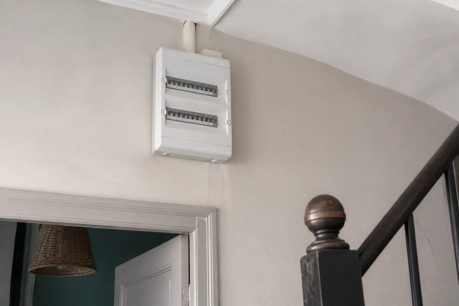 Tableau électrique installé en hauteur dans une maison ancienne