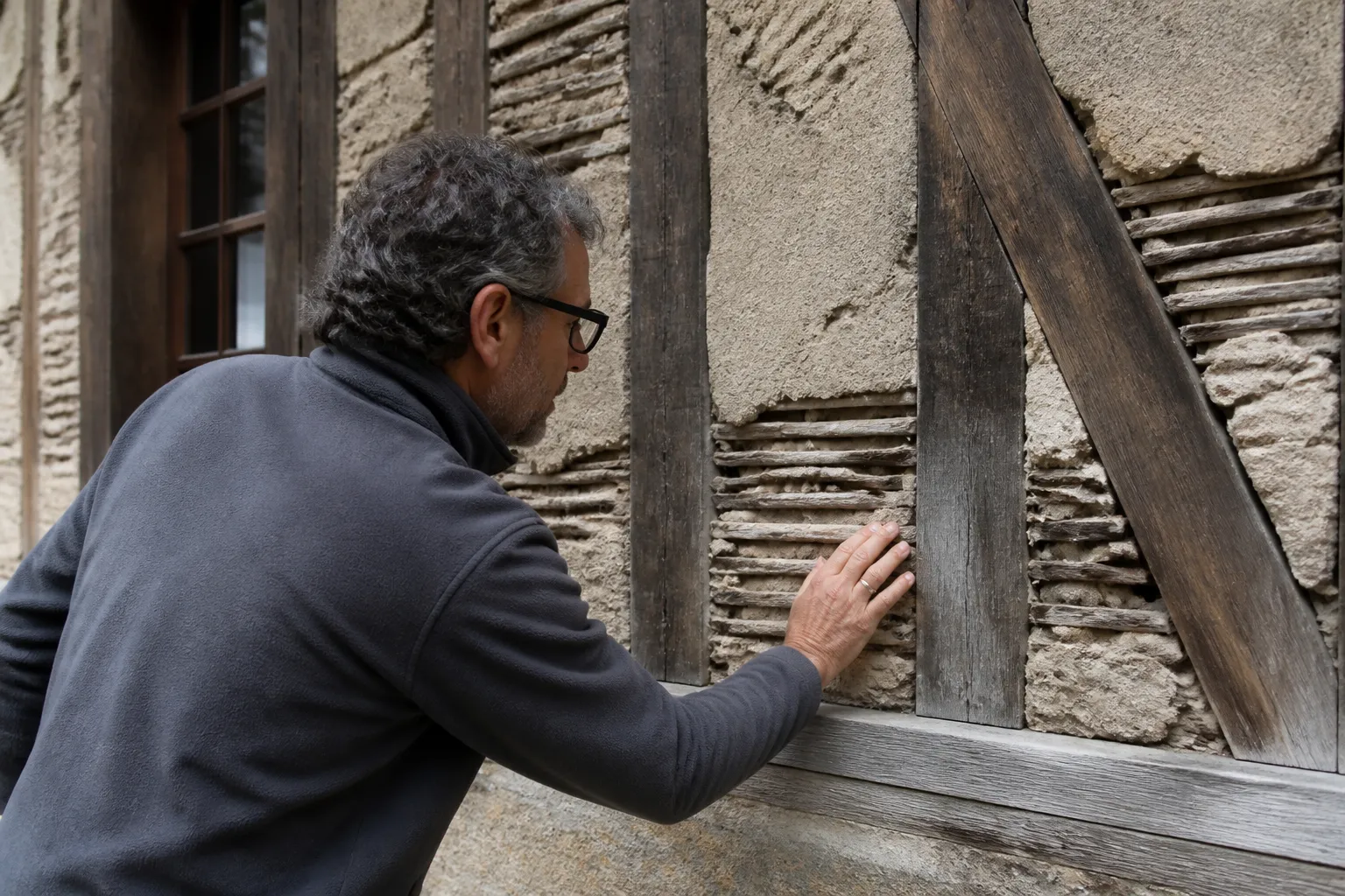 Expert en bâtiment examinant un pan de bois sur une façade