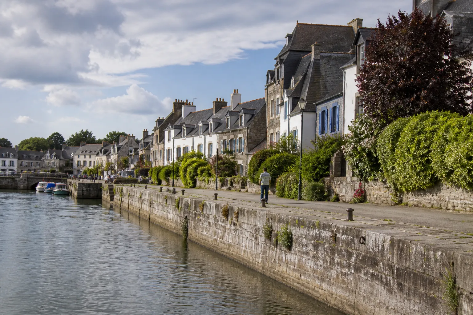 Berge de rivière aménagée en ville avec des maisons à l’arrière-plan