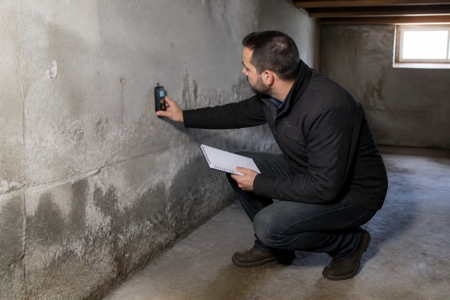 Expert en bâtiment relevant des mesures dans un sous-sol