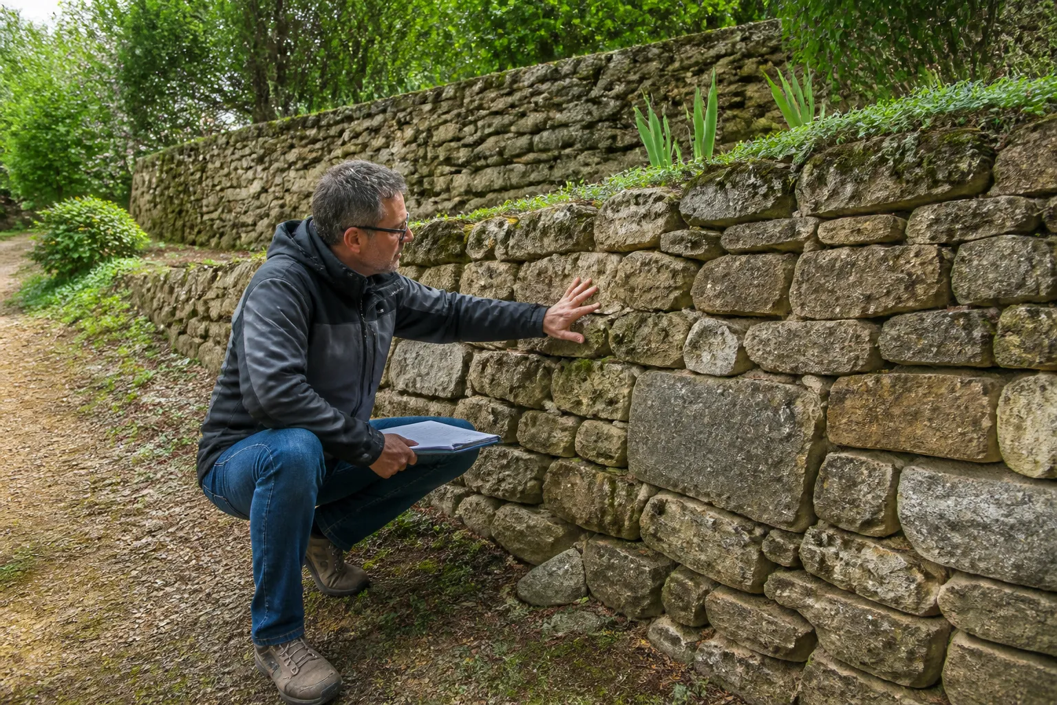 Expert en bâtiment examinant un mur de restanque en pierre sèche