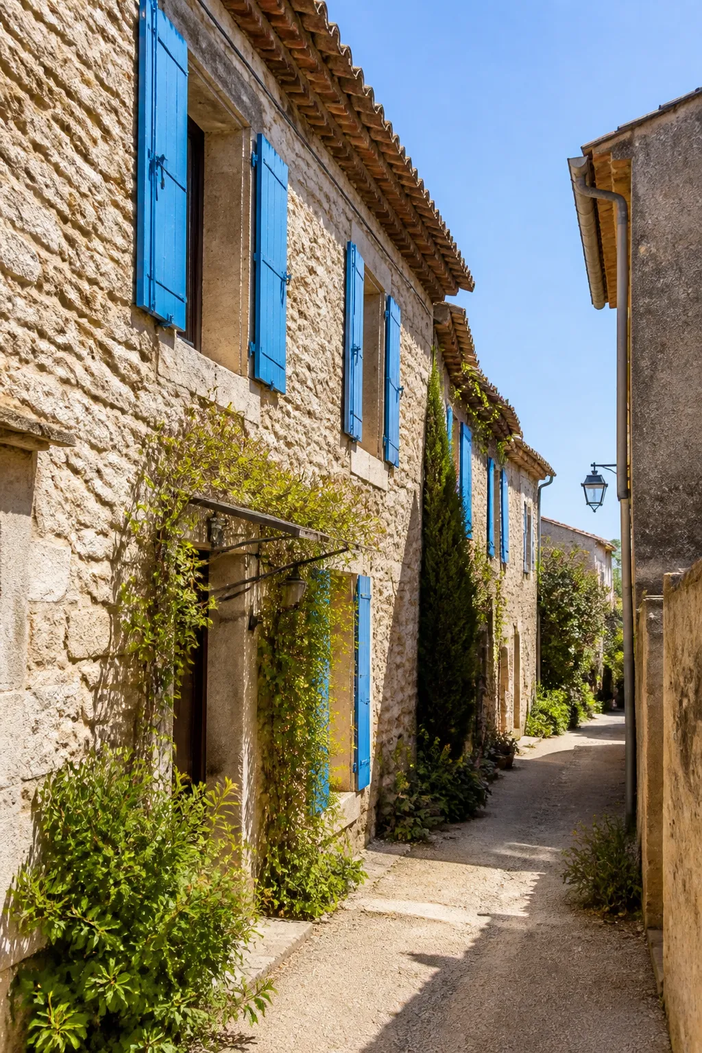 Maison de village en pierre aux volets bleus, illustration d’un achat à Saint-Gilles