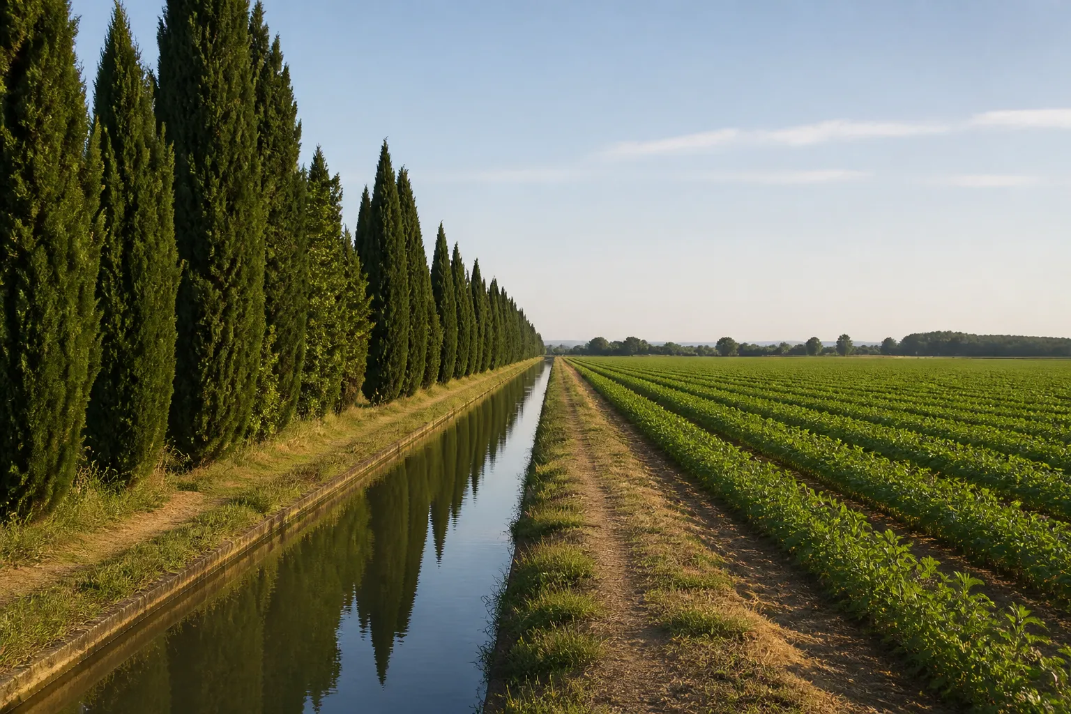 Plaine agricole irriguée avec canal et haies de cyprès