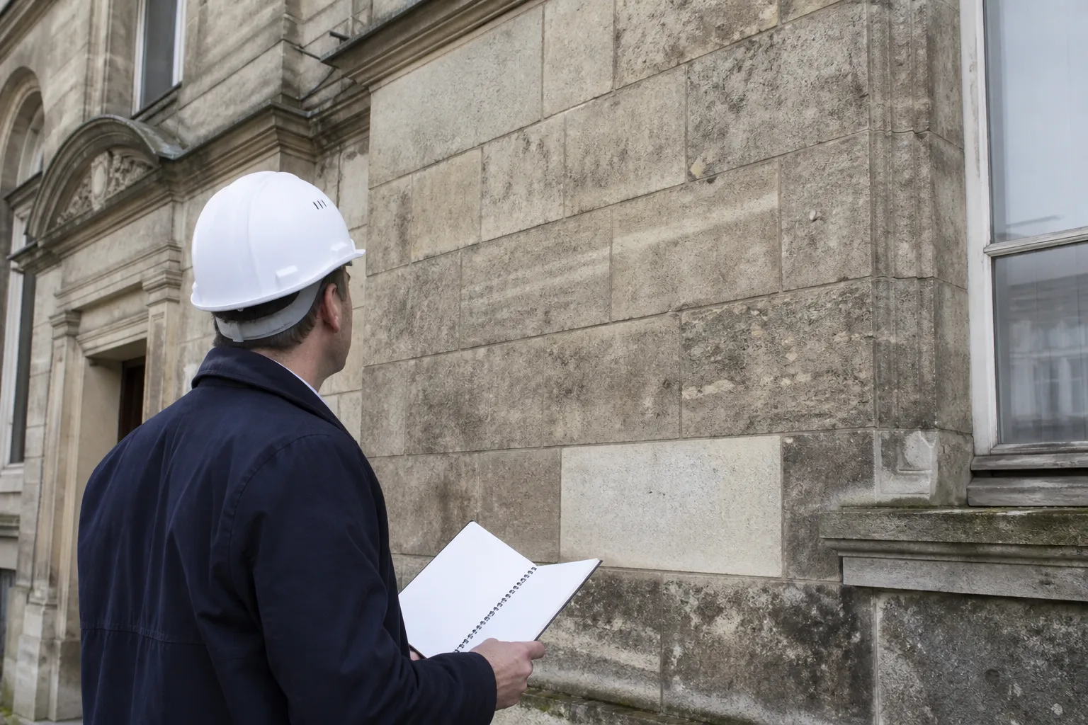 Expert en bâtiment observant une façade ancienne en pierre de taille