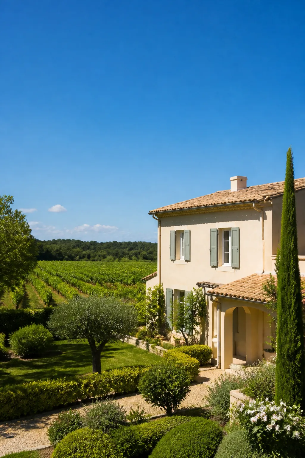 Villa enduite avec jardin et vigne à proximité, illustration d’un achat à Vauvert