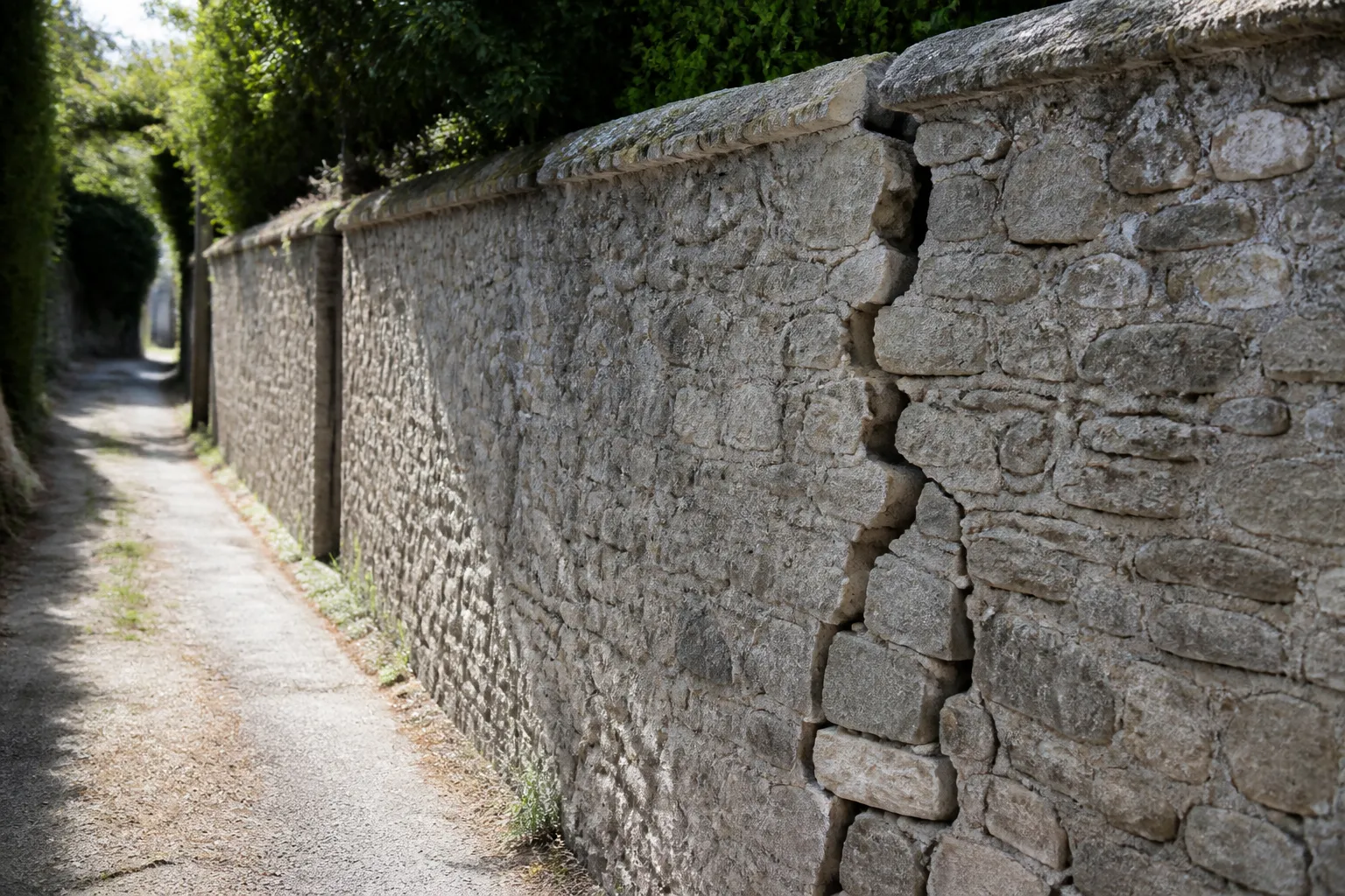 Mur de clôture en pierre fissuré au bord d’un chemin