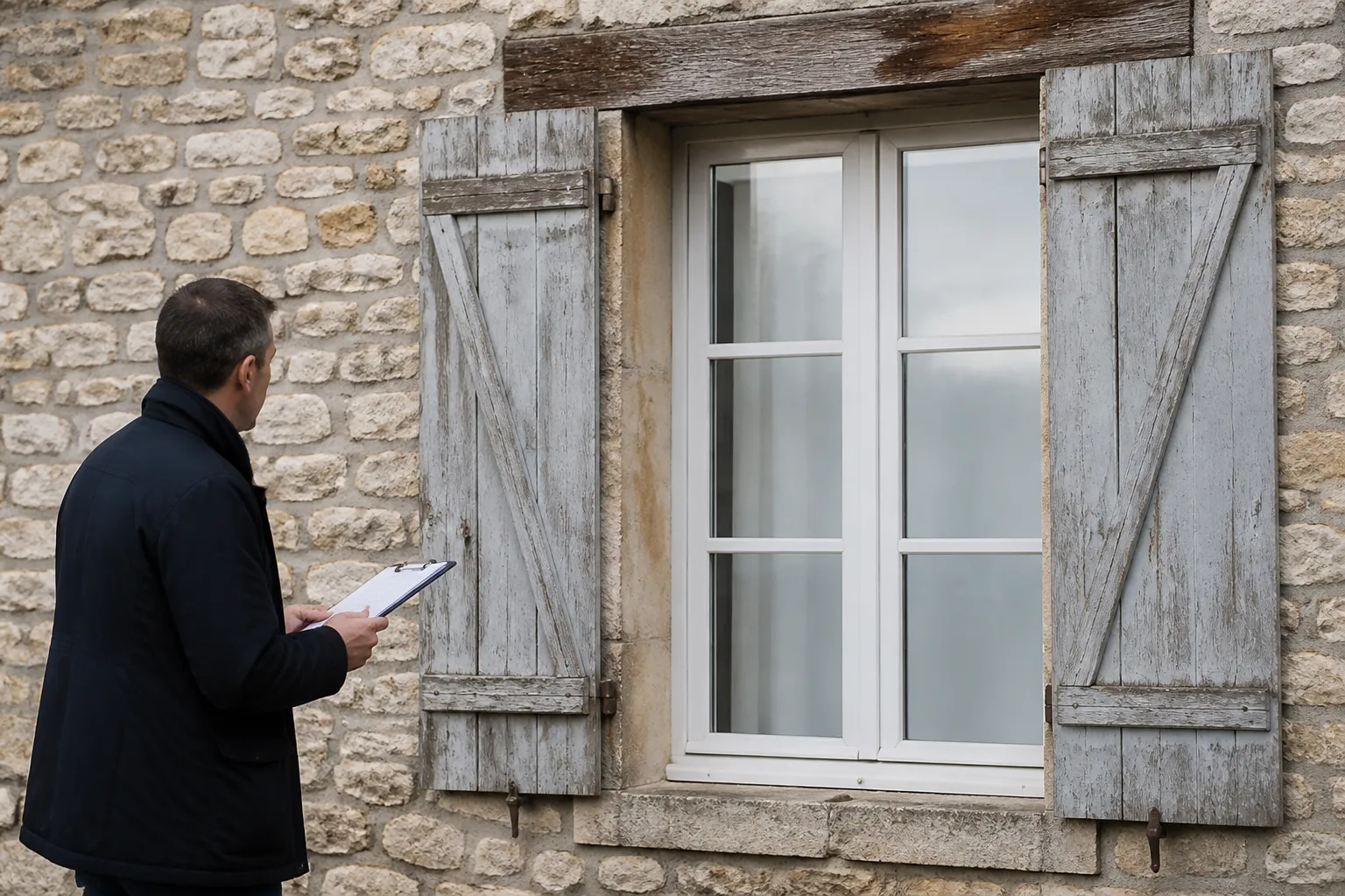 Expert en bâtiment examinant une façade ancienne en pierre