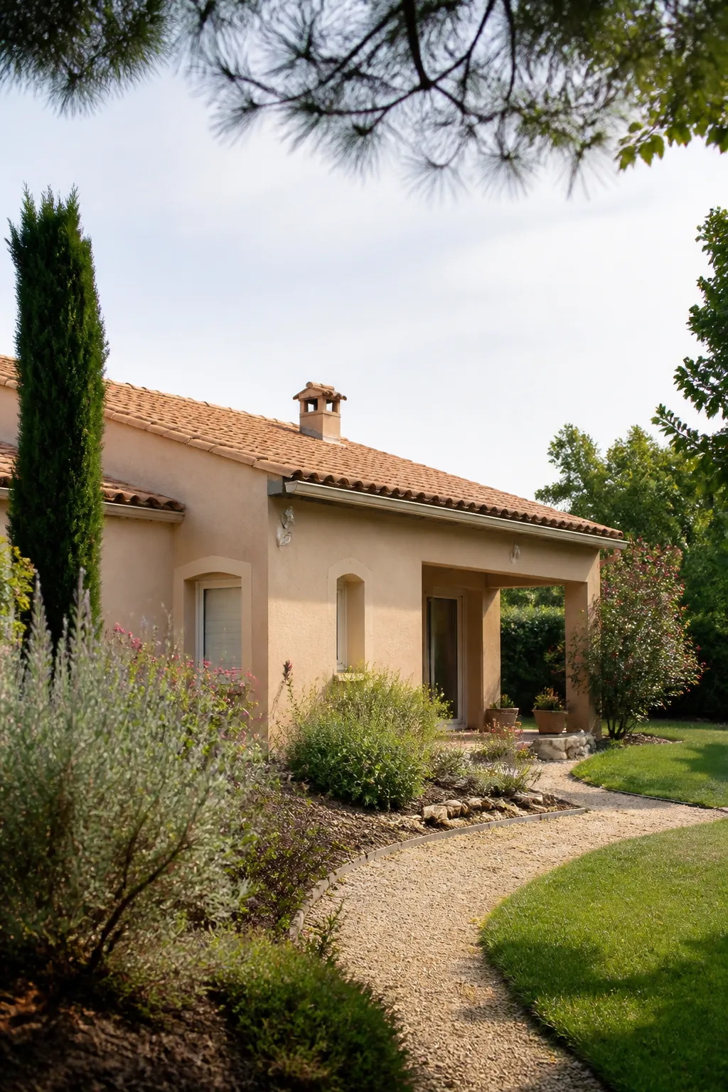 Maison individuelle enduite avec jardin et toiture en tuiles canal