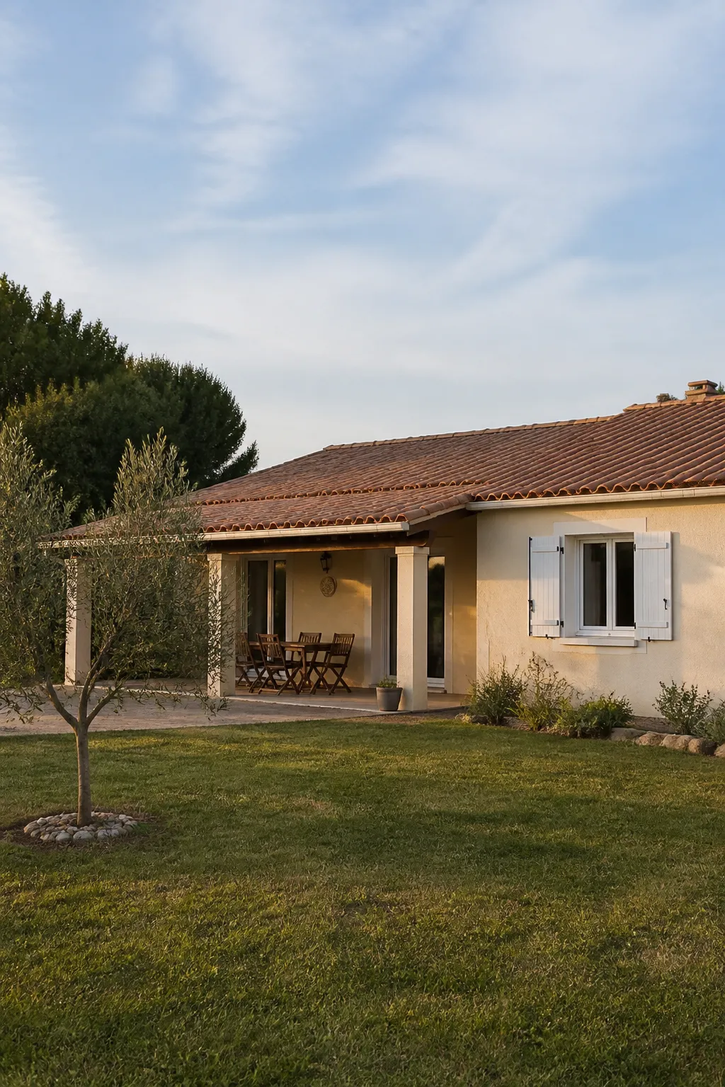 Maison de plain-pied avec jardin engazonné et toiture en tuiles