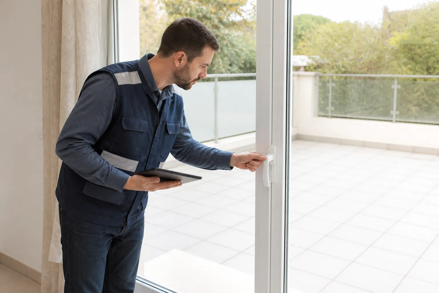Expert vérifiant une porte-fenêtre ouvrant sur une terrasse
