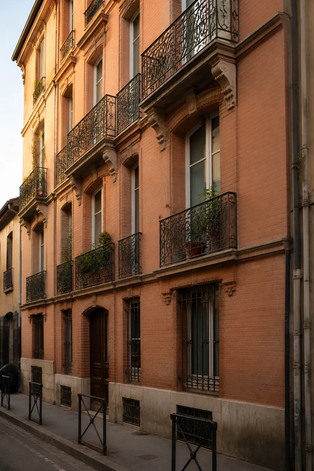 Immeuble ancien en brique avec balcons, vu depuis la rue