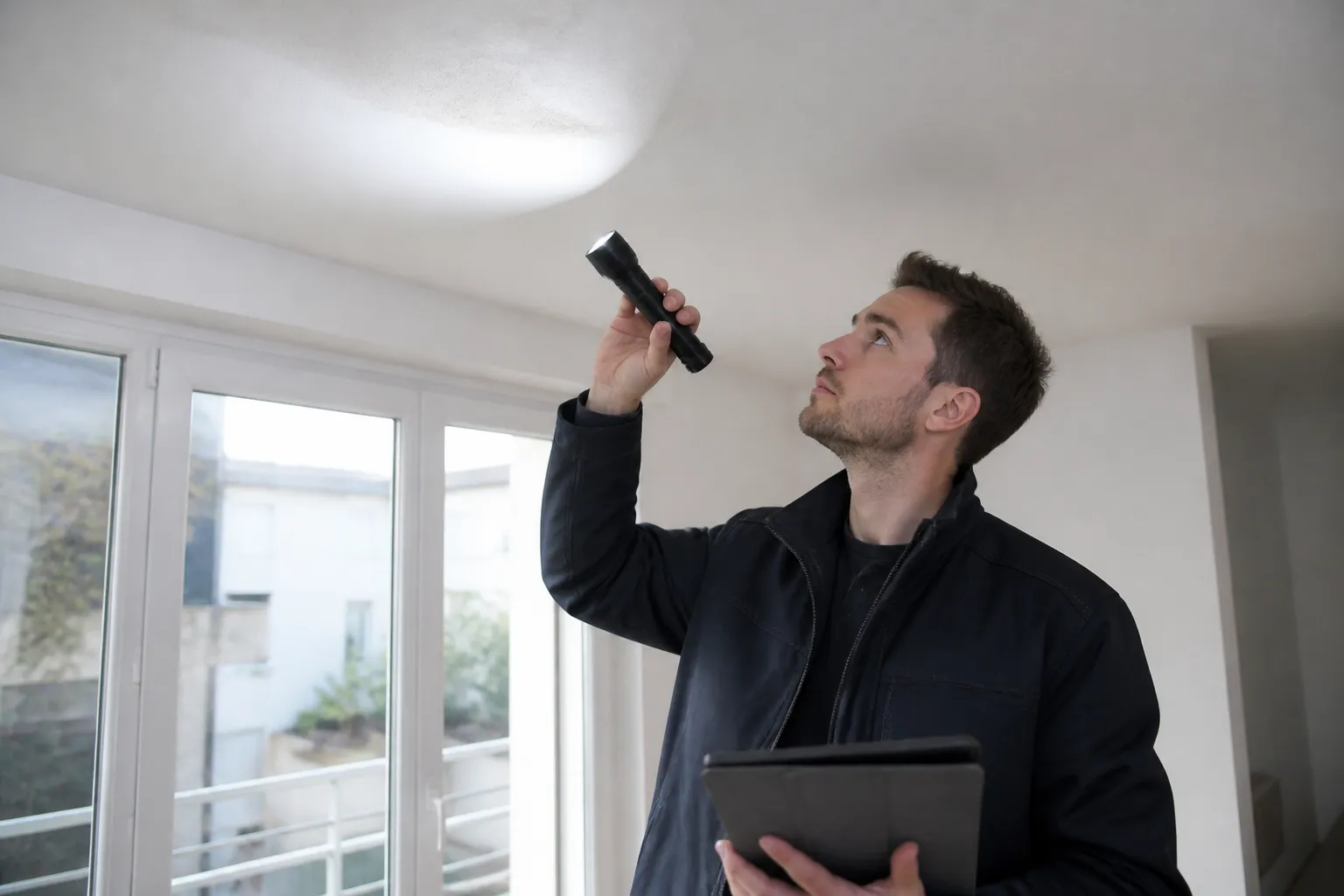 Expert en bâtiment examinant le plafond d’un appartement