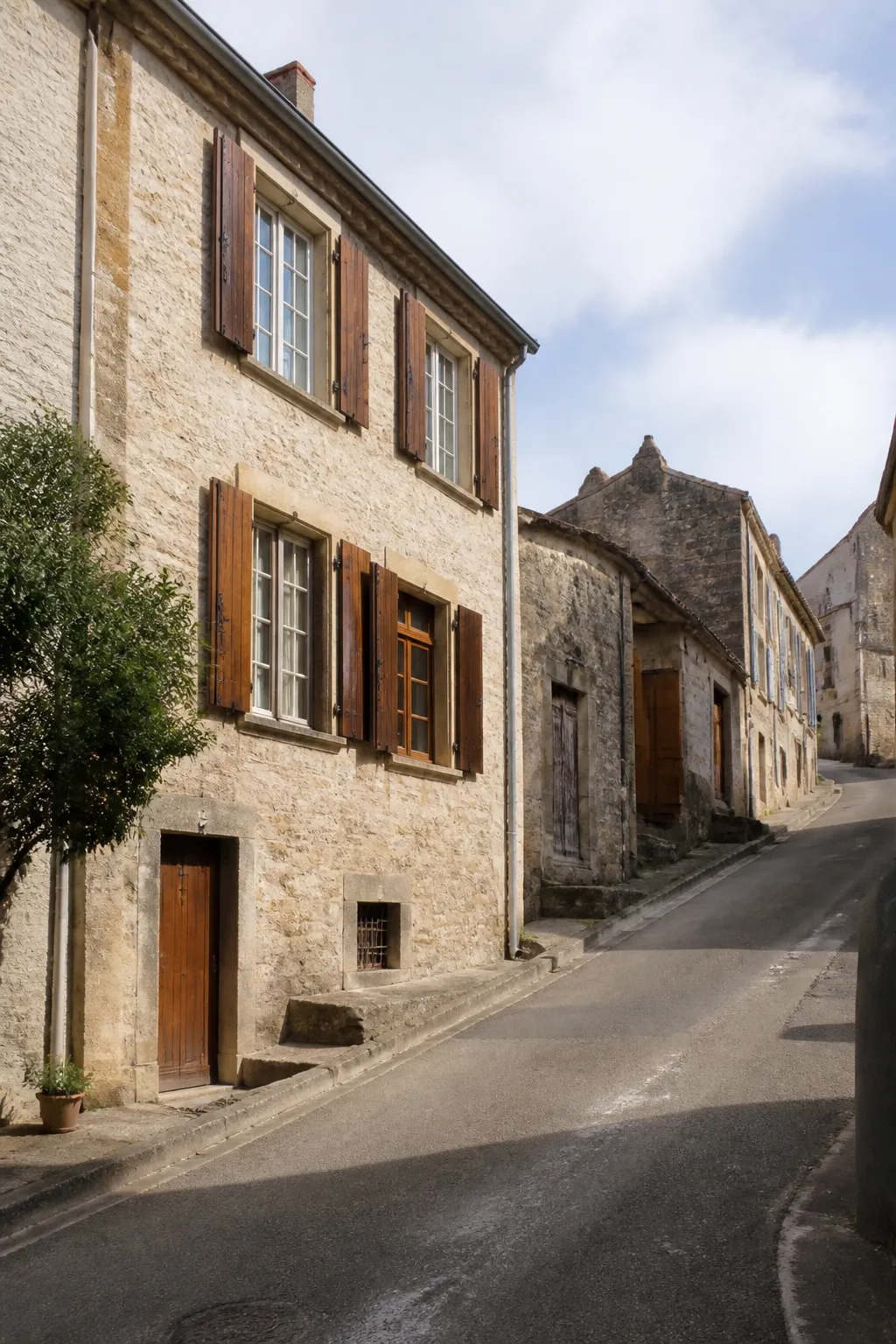 Maison ancienne en pierre à volets bois dans une rue en pente