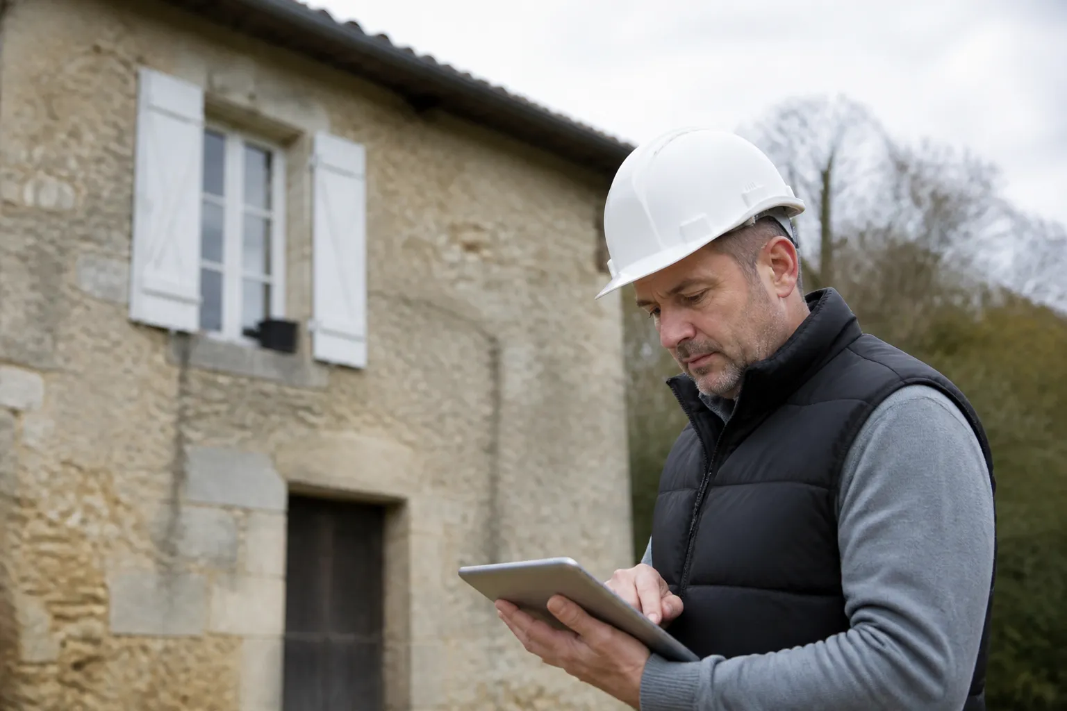 Expert relisant ses notes devant une maison