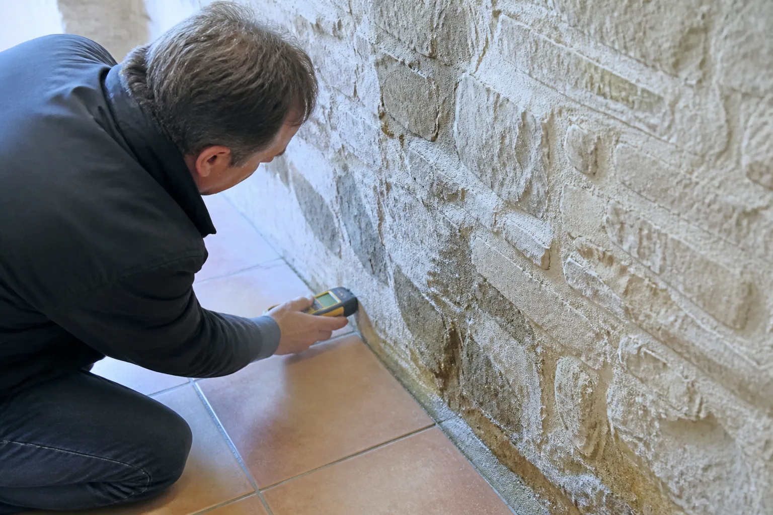 Expert mesurant l’humidité au pied d’un mur en pierre