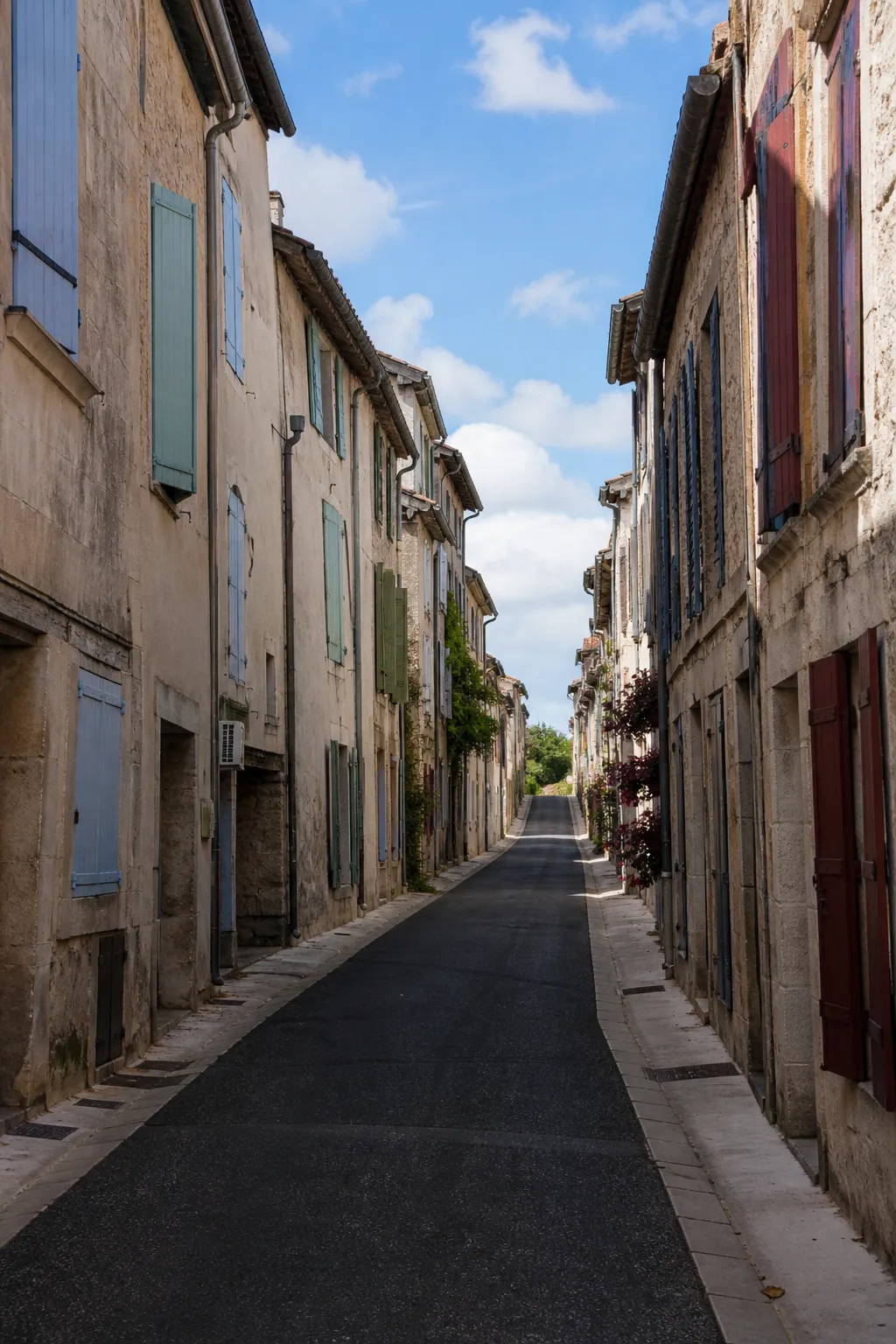 Rue d’une petite ville ancienne avec maisons mitoyennes en pierre