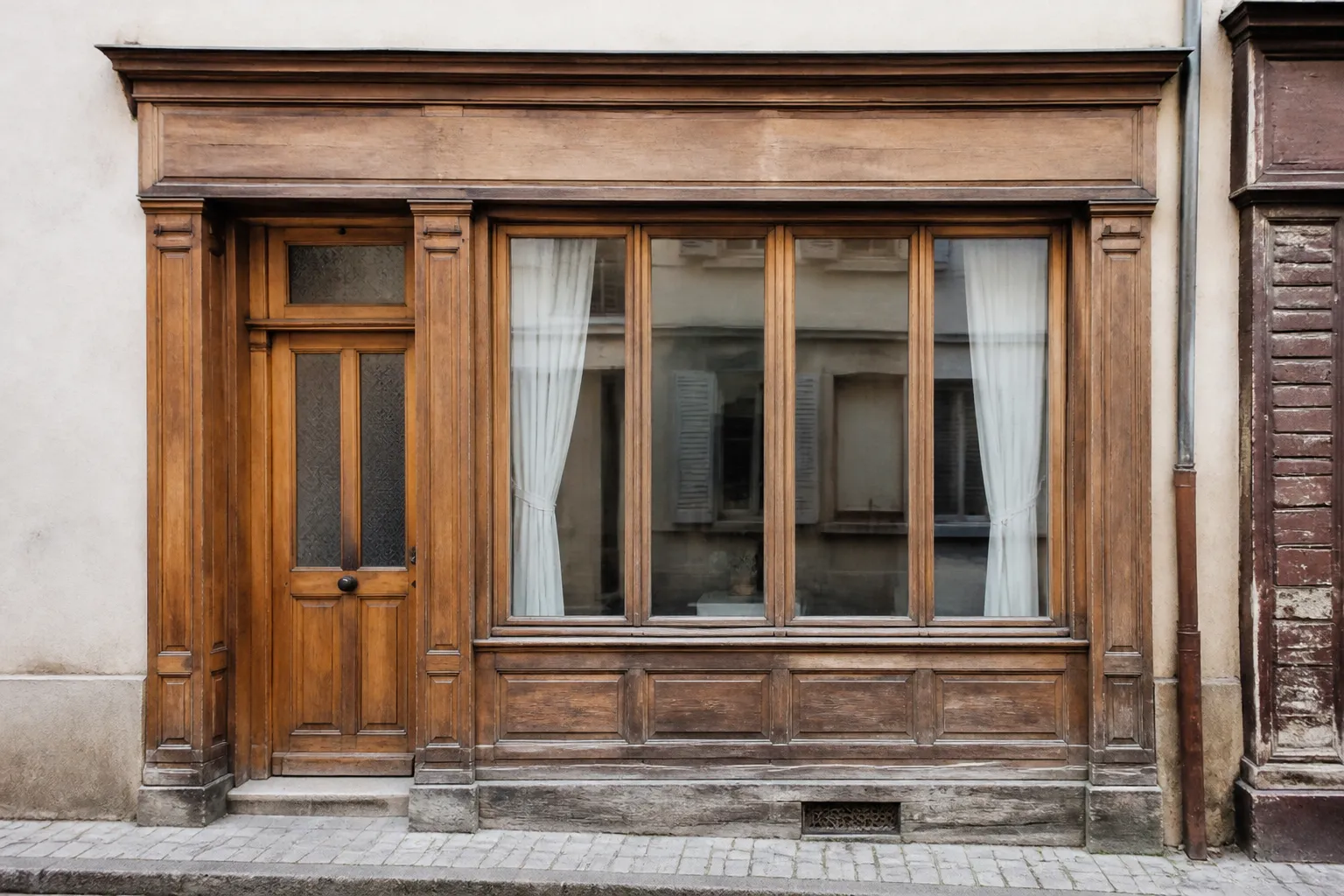Ancienne vitrine de commerce transformée en fenêtre de logement