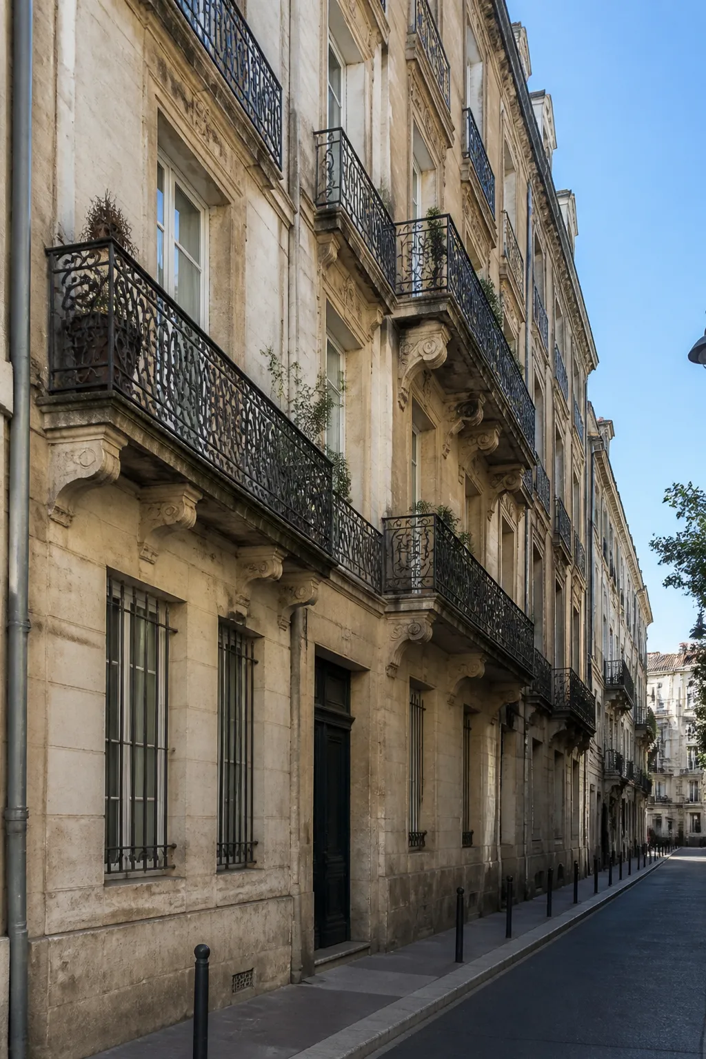 Immeuble ancien en pierre claire avec balcons en fer forgé