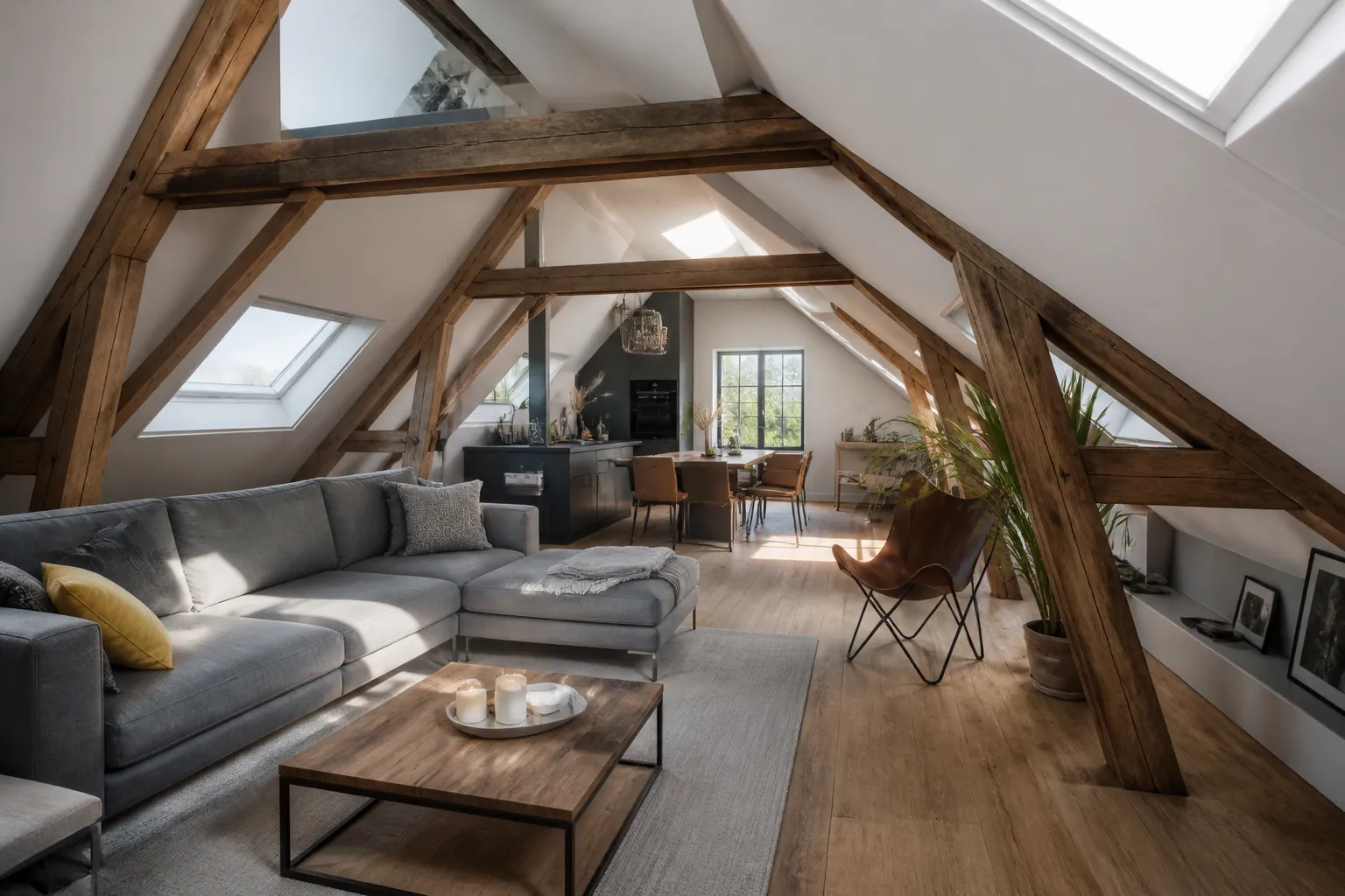 Appartement sous combles avec poutres apparentes et fenêtre de toit