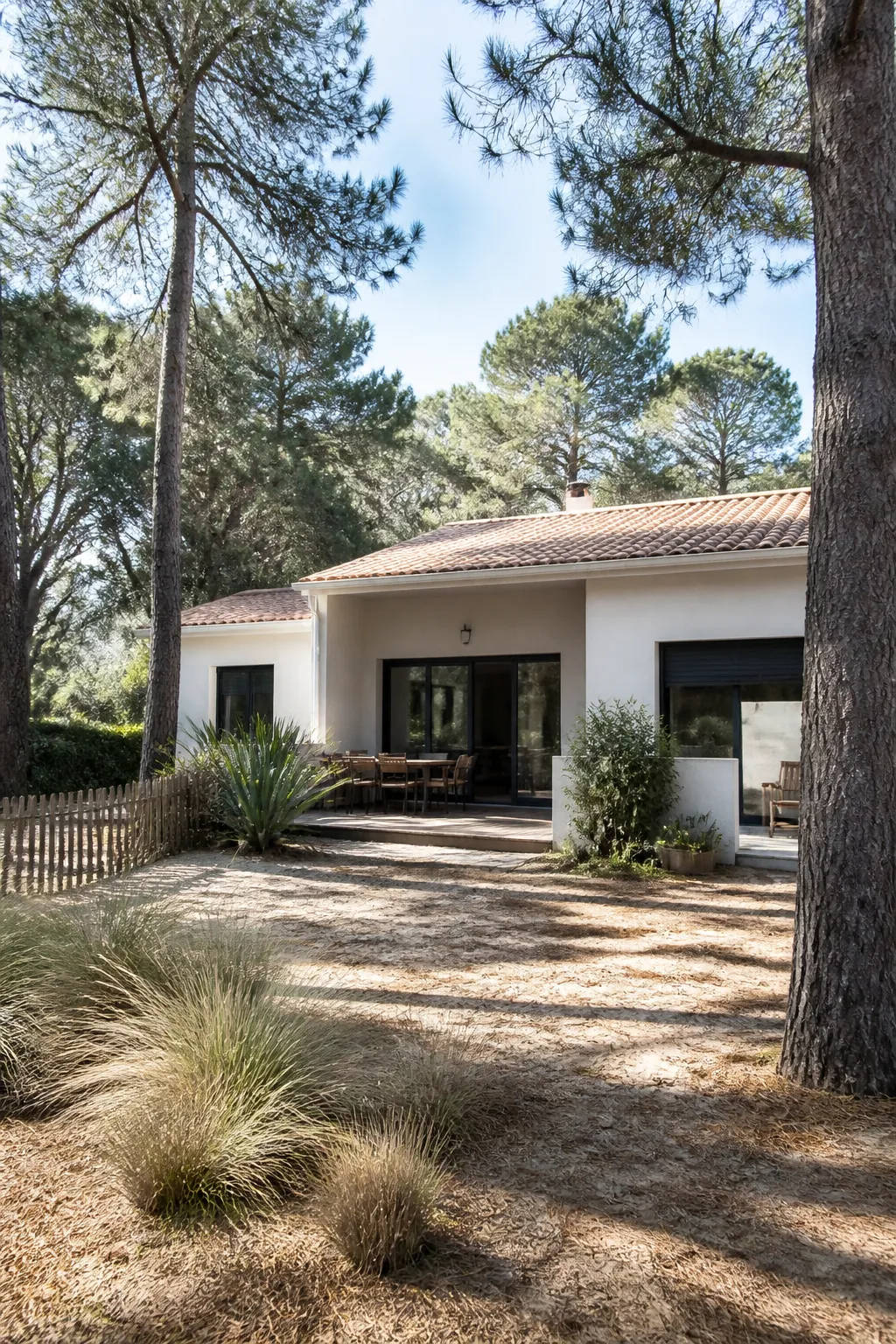 Maison individuelle entourée de pins avec jardin