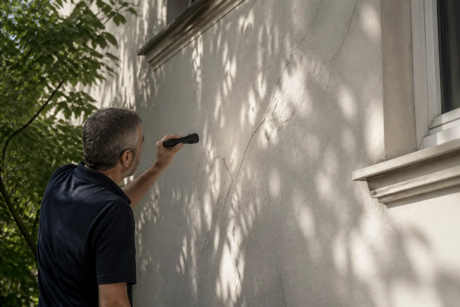 Expert observant une façade à l’ombre des arbres