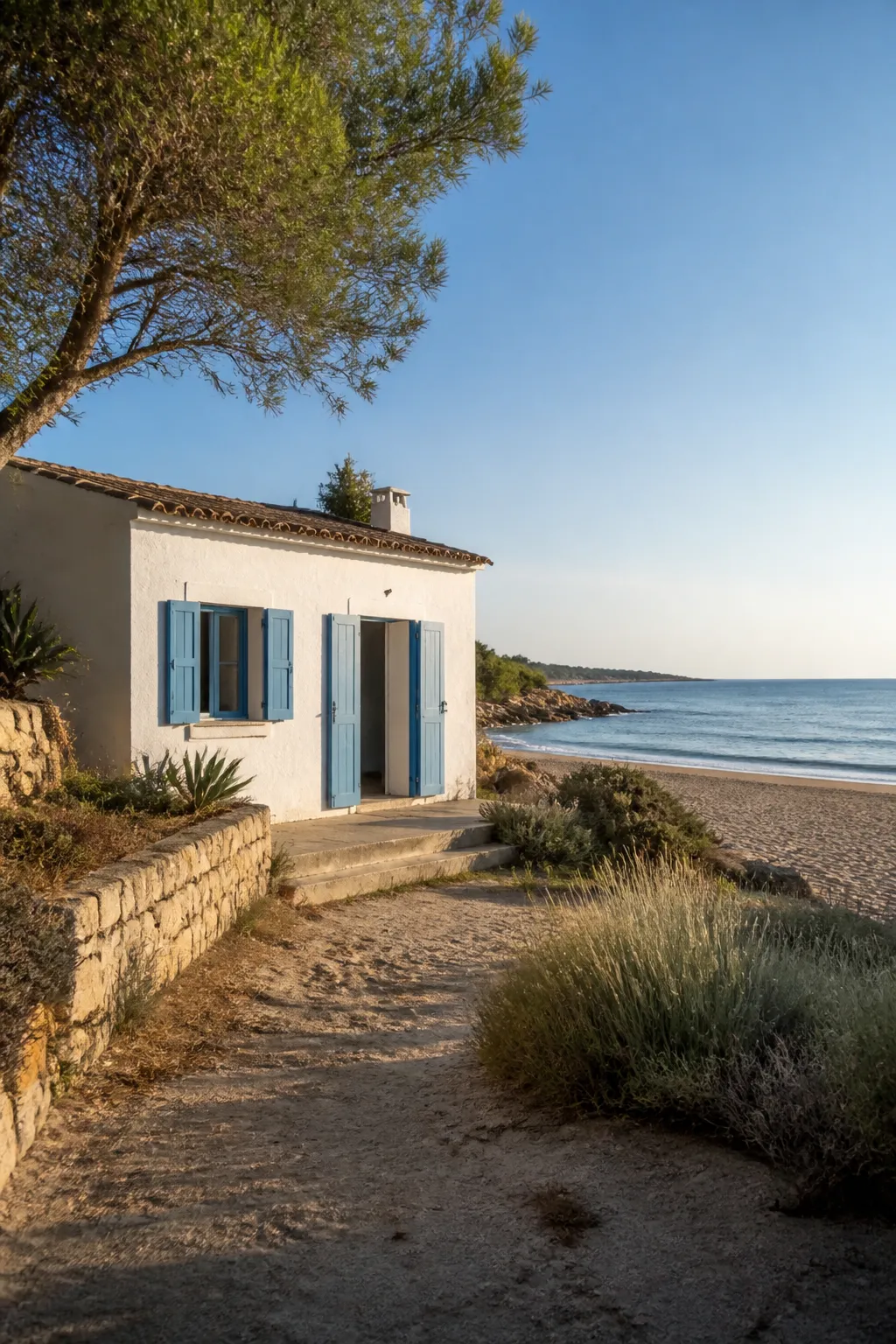 Petite maison aux murs blancs près d’une plage méditerranéenne