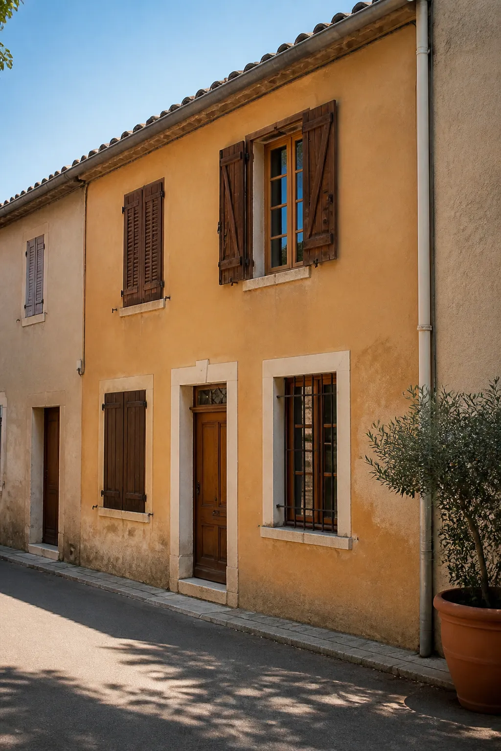 Maison de ville aux volets en bois dans une rue calme du sud de la France
