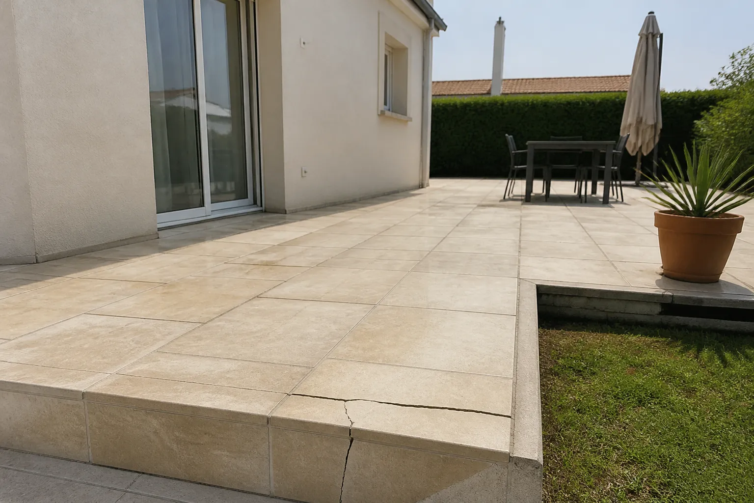 Terrasse dallée fissurée au pied d’une villa