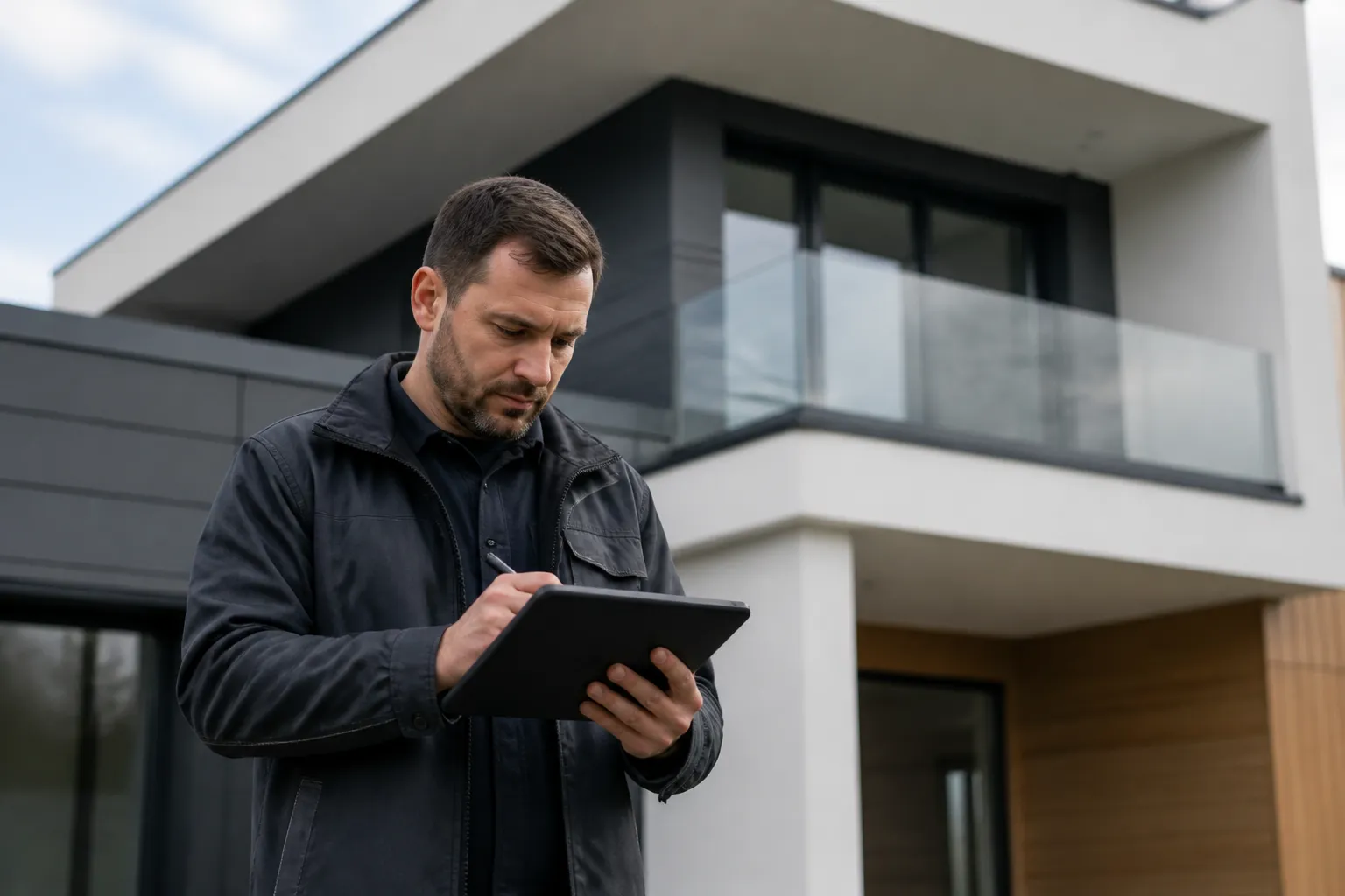 Expert notant ses constats sur une tablette devant une maison