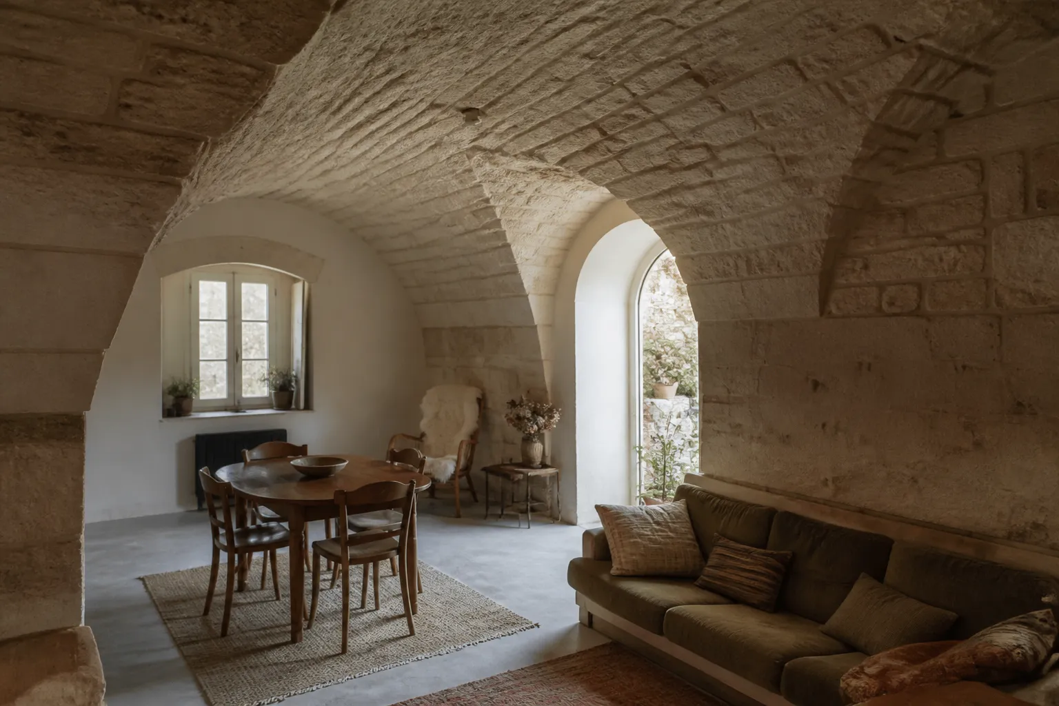 Rez-de-chaussée voûté en pierre dans un immeuble ancien