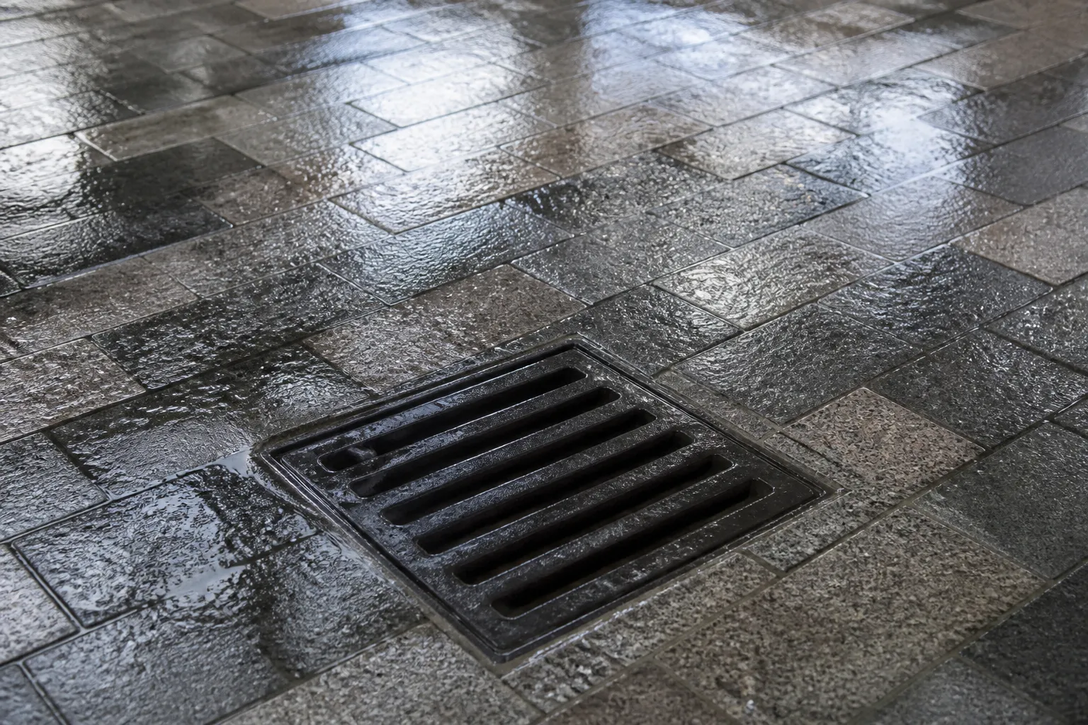 Regard d’évacuation des eaux pluviales dans une cour pavée après la pluie