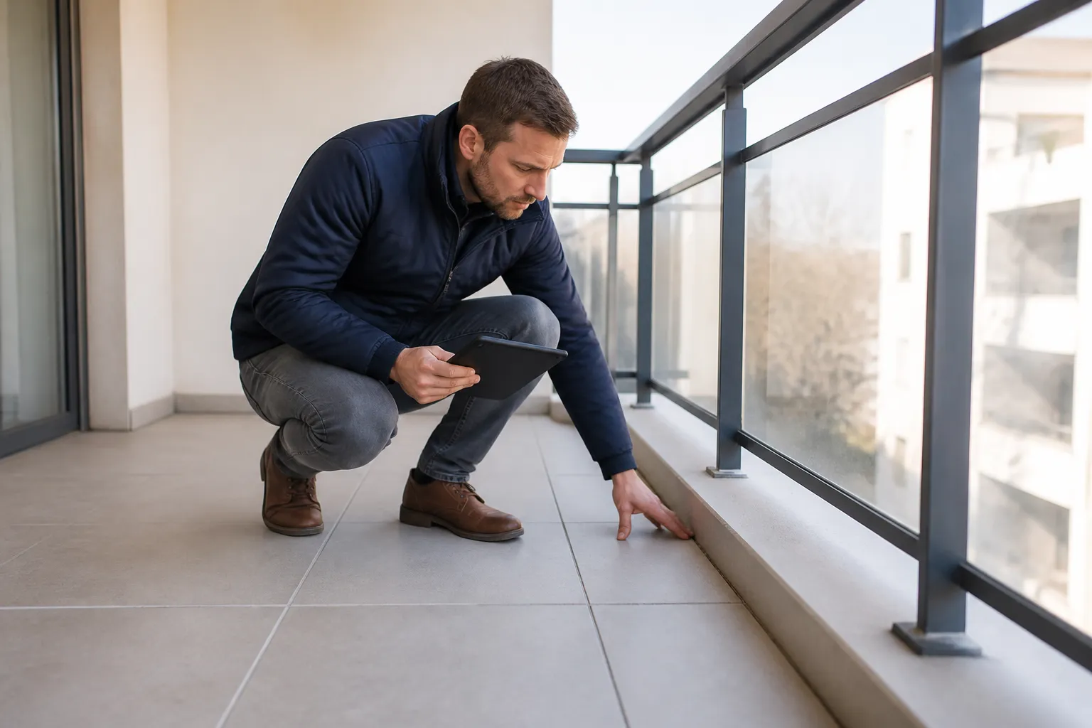 Expert inspectant un balcon d’immeuble récent