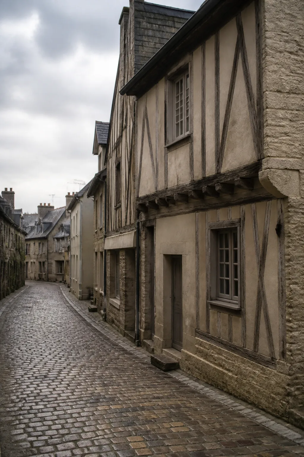 Maison ancienne à colombages dans une rue pavée de centre historique