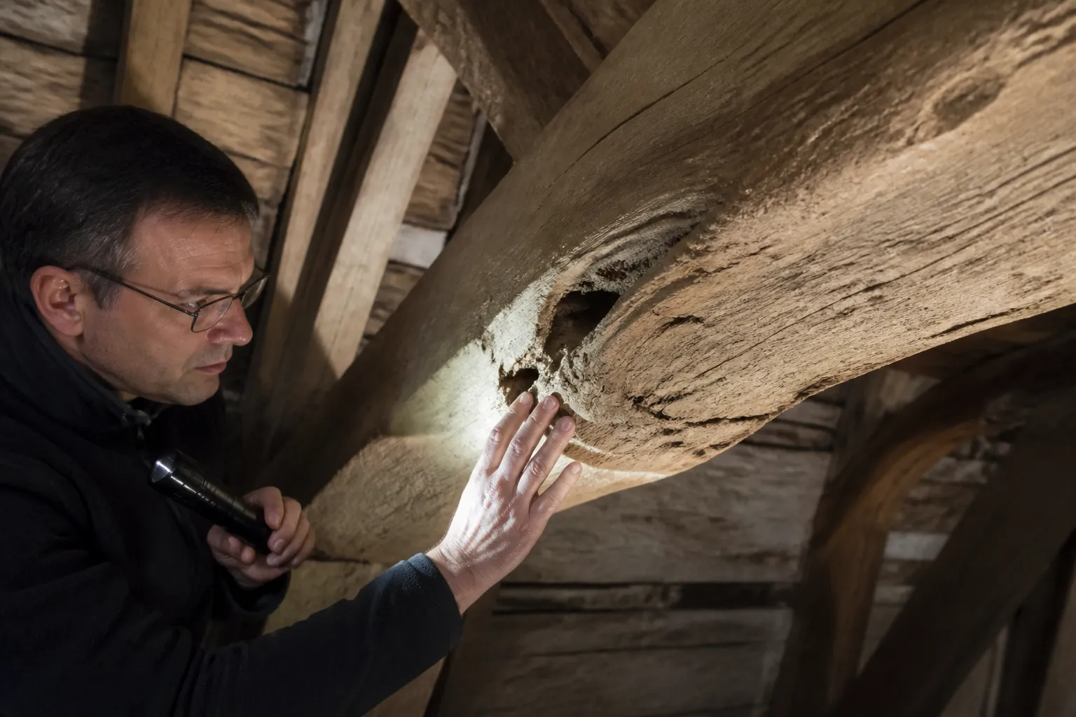 Expert observant une poutre de charpente ancienne dans des combles