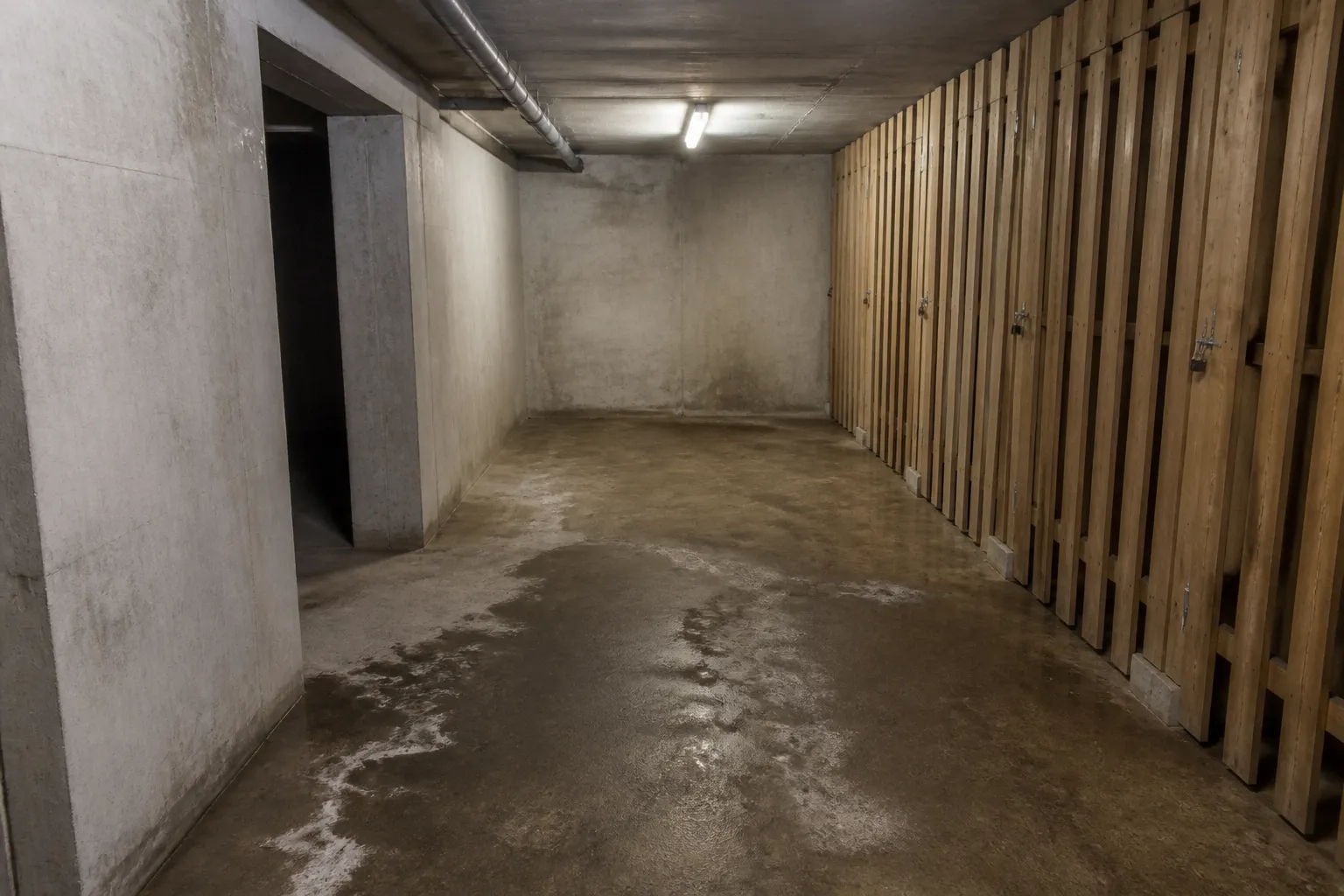 Cave d’immeuble avec mur en béton et traces d’humidité au sol