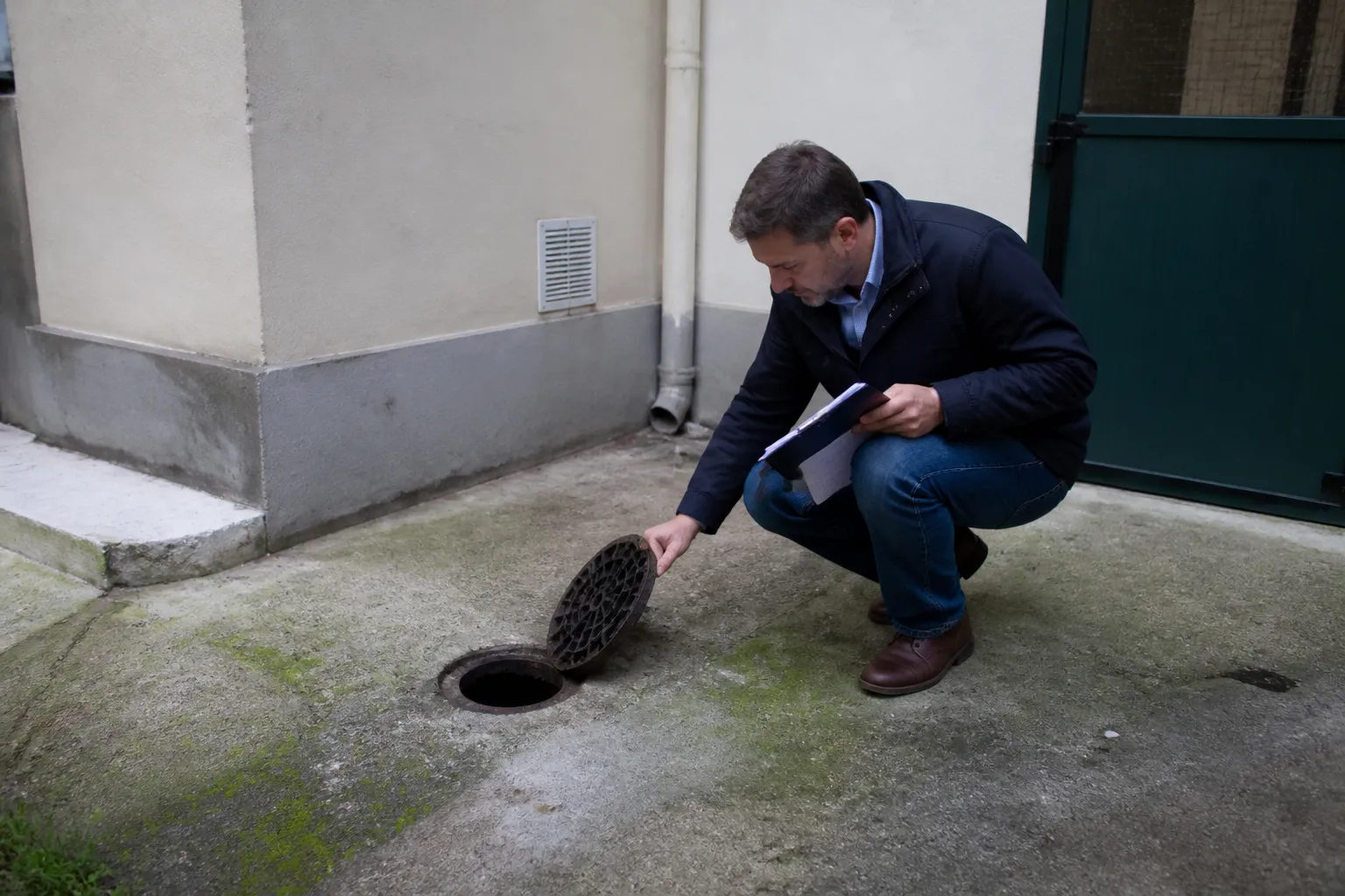 Expert vérifiant un regard d’évacuation dans une cour