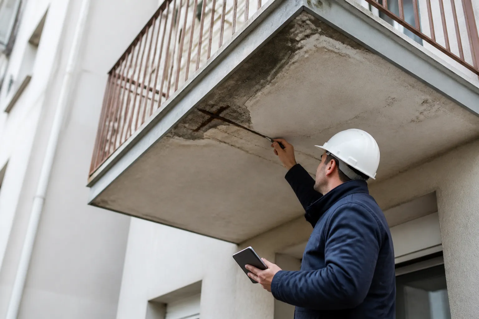 Expert examinant un balcon en béton d’immeuble collectif