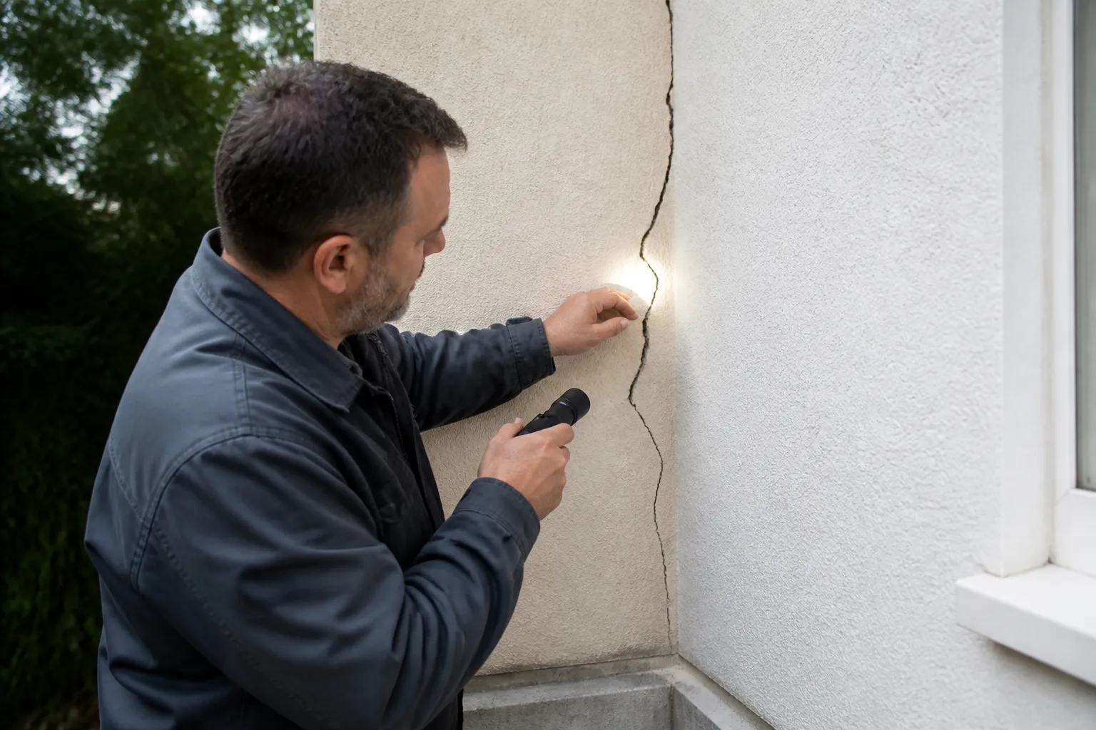 Expert examinant une fissure à la jonction de deux murs