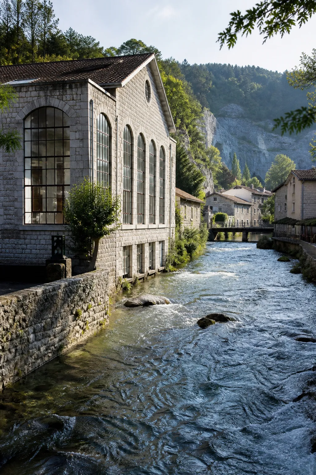 Ancien bâtiment industriel en pierre au bord d’une rivière à Champagnole