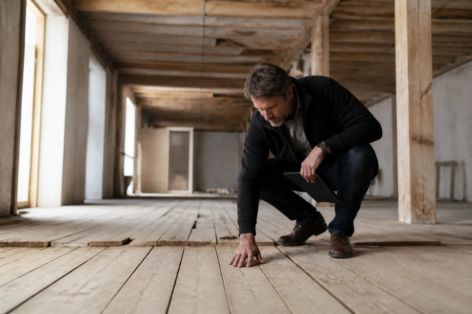 Plancher bois ancien examiné par un expert dans un ancien atelier