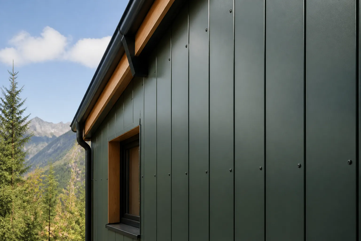 Façade revêtue d’un bardage métallique sur une maison de montagne