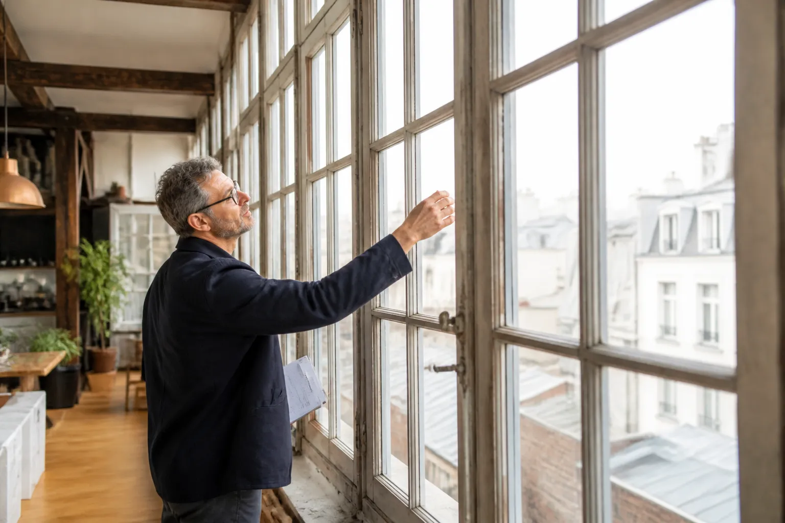 Expert examinant des fenêtres anciennes depuis l’intérieur d’un atelier transformé