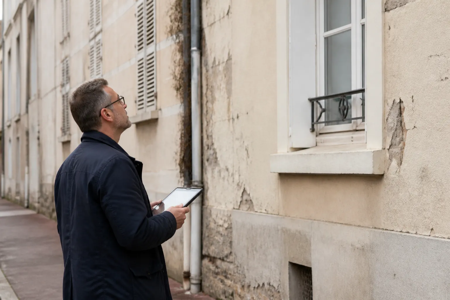 Expert observant une façade enduite depuis la rue
