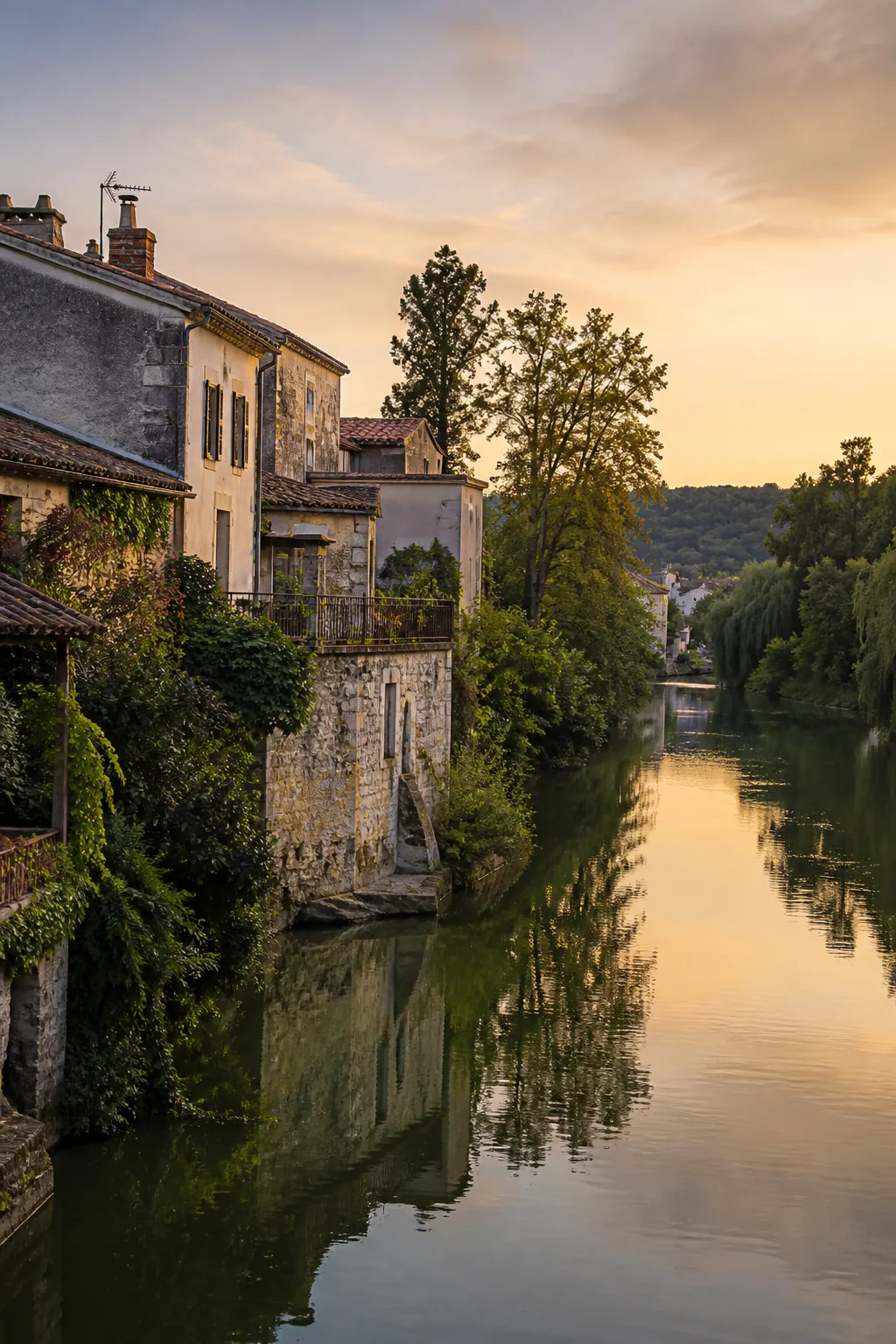 Maisons anciennes au bord d’une rivière dans une ville du sud-ouest