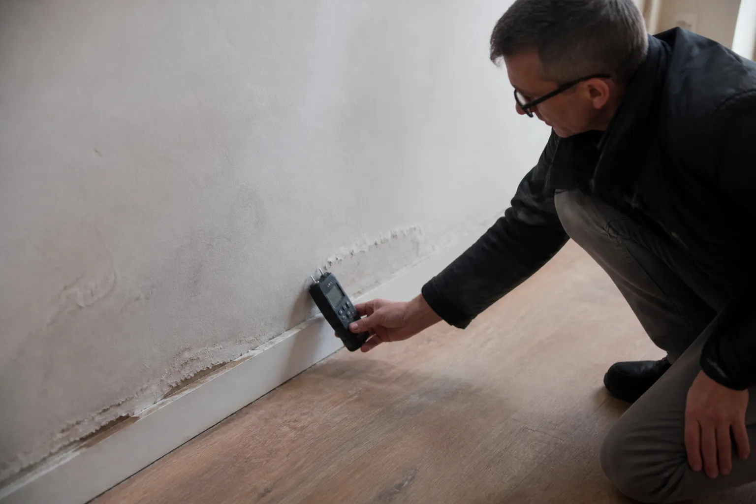 Expert mesurant l’humidité au pied d’un mur de rez-de-chaussée
