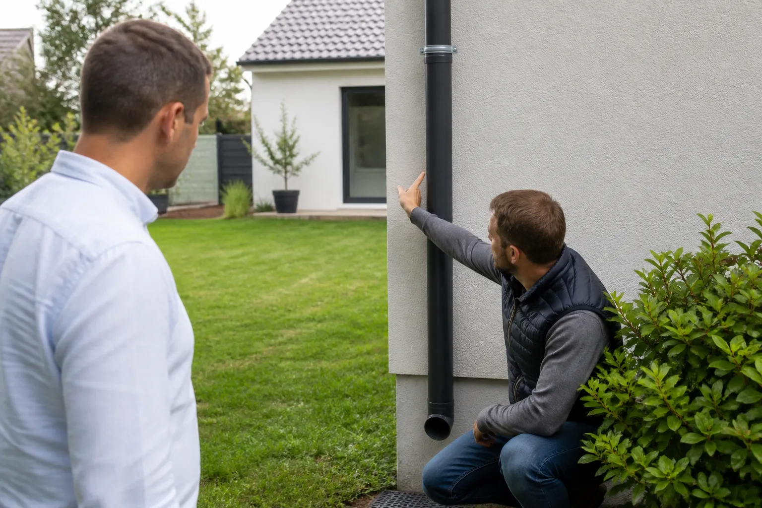 Expert et acheteur dans le jardin d’un pavillon
