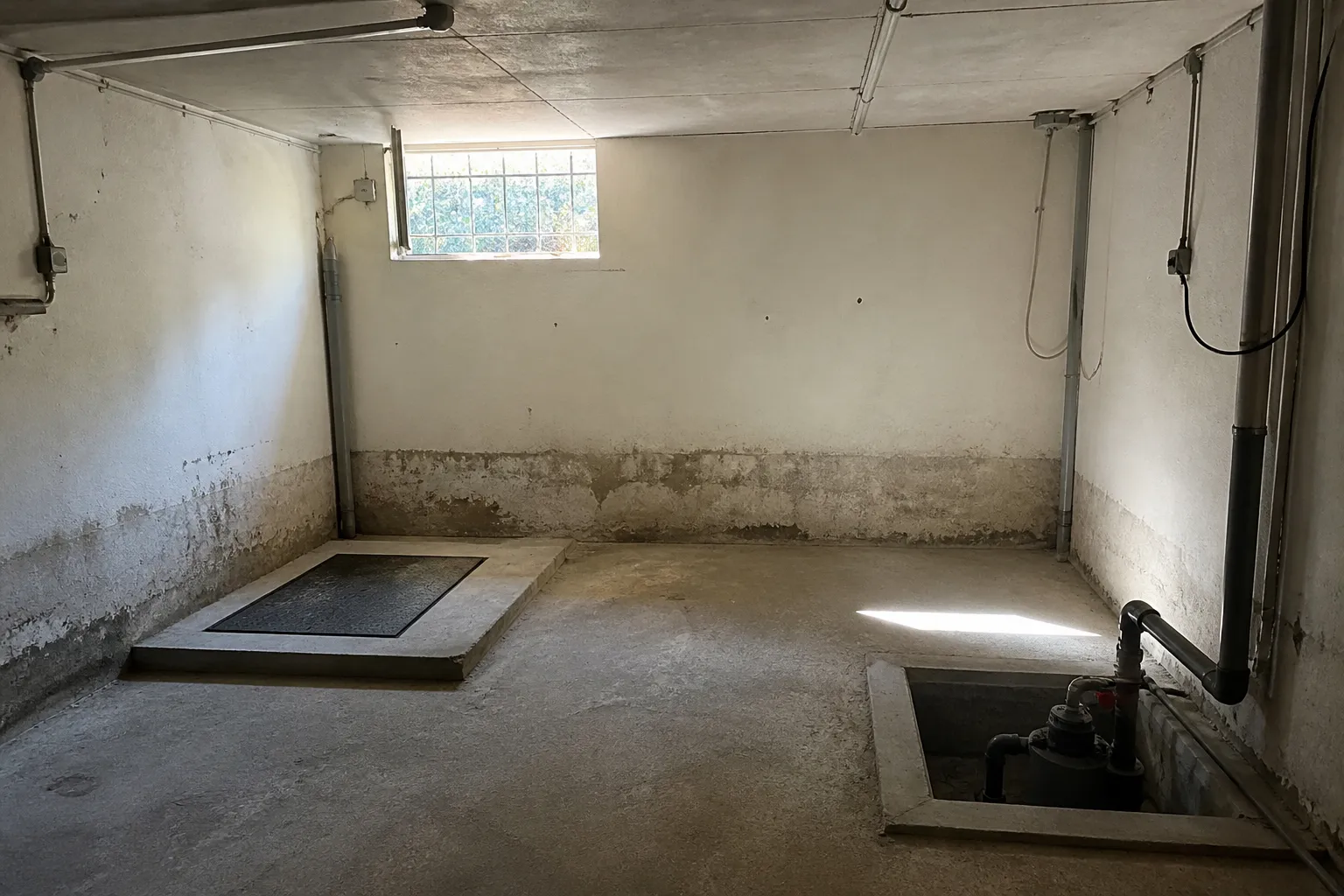 Garage en sous-sol avec traces d’humidité au bas des murs