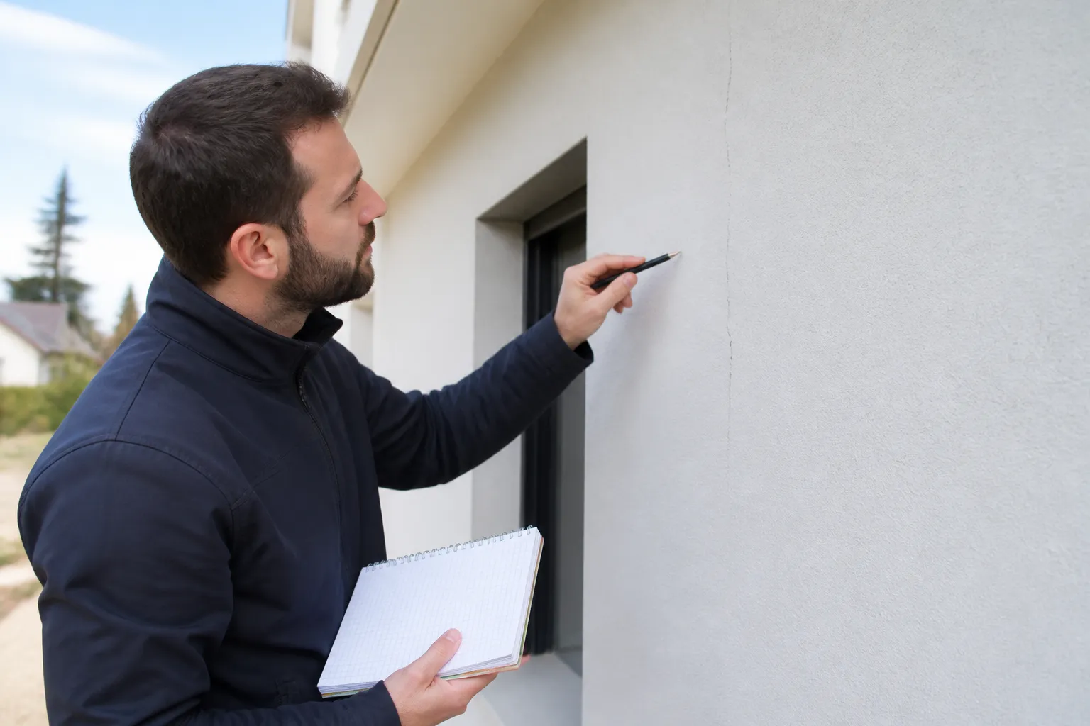 Expert examinant une fissure de façade sur une maison récente